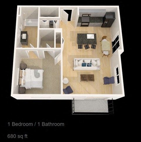 Floor plan for 1 bed, 1 bath, 690 sqft